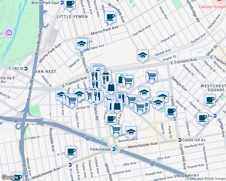map of restaurants, bars, coffee shops, grocery stores, and more near 1561 Unionport Road in Bronx