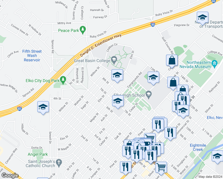 map of restaurants, bars, coffee shops, grocery stores, and more near 772 Elm Street in Elko