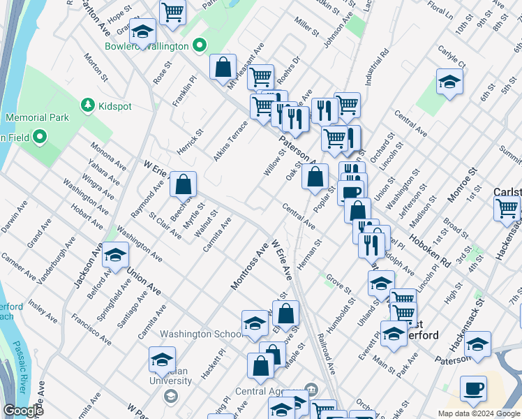 map of restaurants, bars, coffee shops, grocery stores, and more near 97 Oak Street in East Rutherford