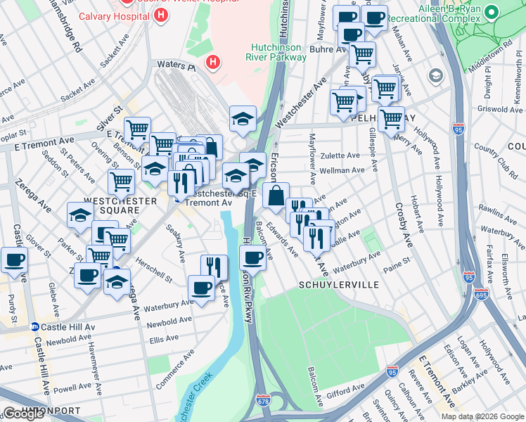 map of restaurants, bars, coffee shops, grocery stores, and more near 1454 Edwards Avenue in Bronx