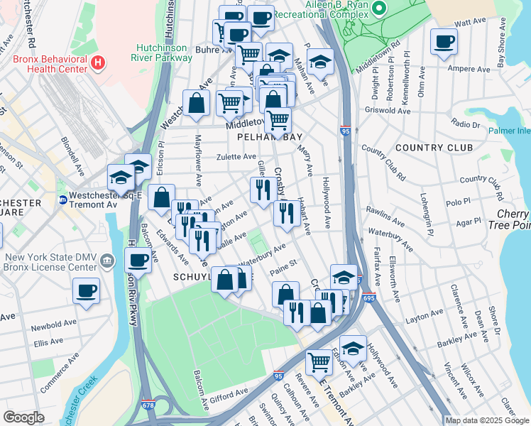 map of restaurants, bars, coffee shops, grocery stores, and more near 1328 Gillespie Avenue in The Bronx
