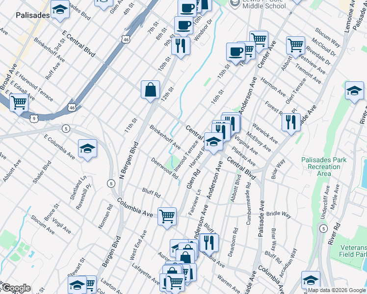 map of restaurants, bars, coffee shops, grocery stores, and more near 503 Brinkerhoff Avenue in Palisades Park