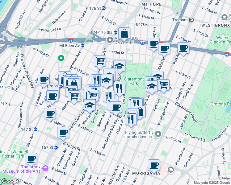 map of restaurants, bars, coffee shops, grocery stores, and more near 285 East 171st Street in Bronx