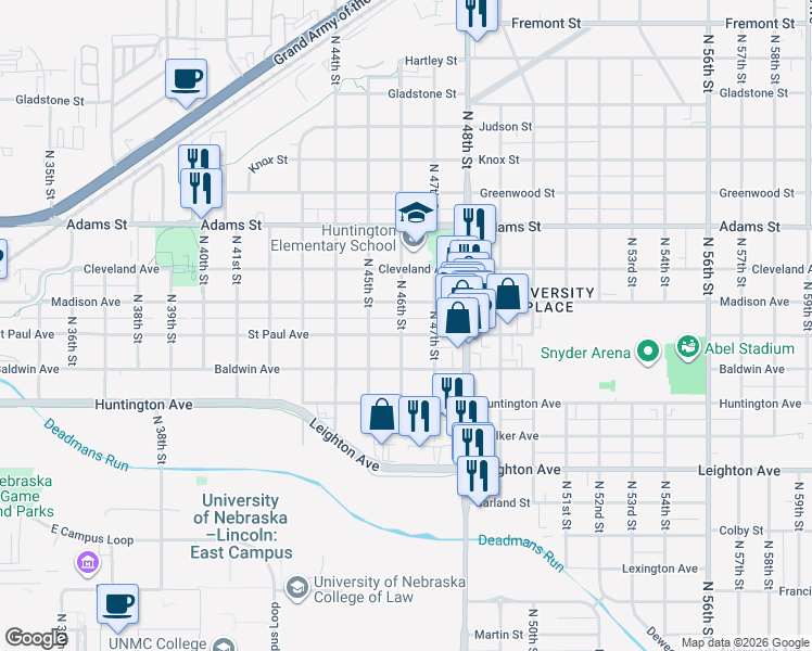 map of restaurants, bars, coffee shops, grocery stores, and more near 4635 Saint Paul Avenue in Lincoln