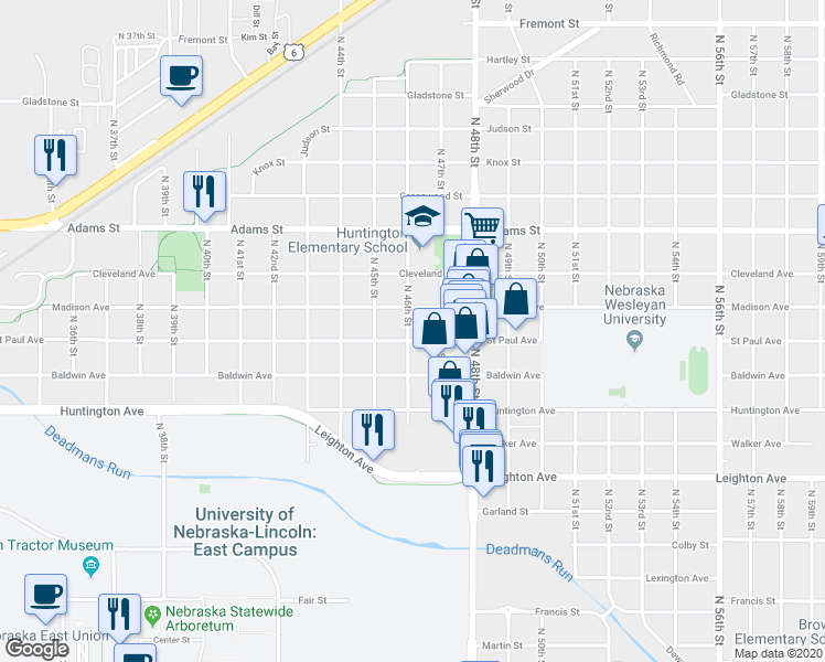 map of restaurants, bars, coffee shops, grocery stores, and more near 4602 St Paul Ave in Lincoln