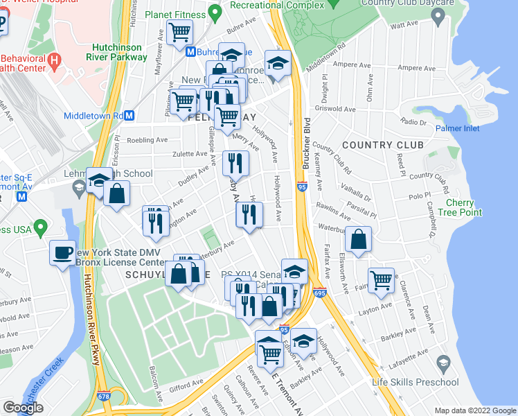 map of restaurants, bars, coffee shops, grocery stores, and more near 1330 Hobart Avenue in Bronx