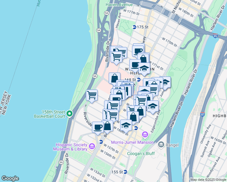 map of restaurants, bars, coffee shops, grocery stores, and more near 130 Fort Washington Avenue in New York