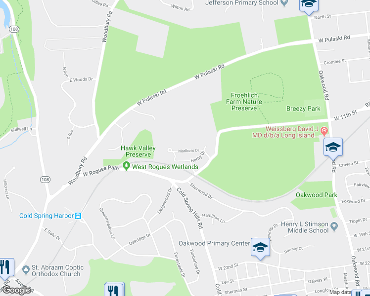 map of restaurants, bars, coffee shops, grocery stores, and more near 25 Marlboro Drive in Huntington