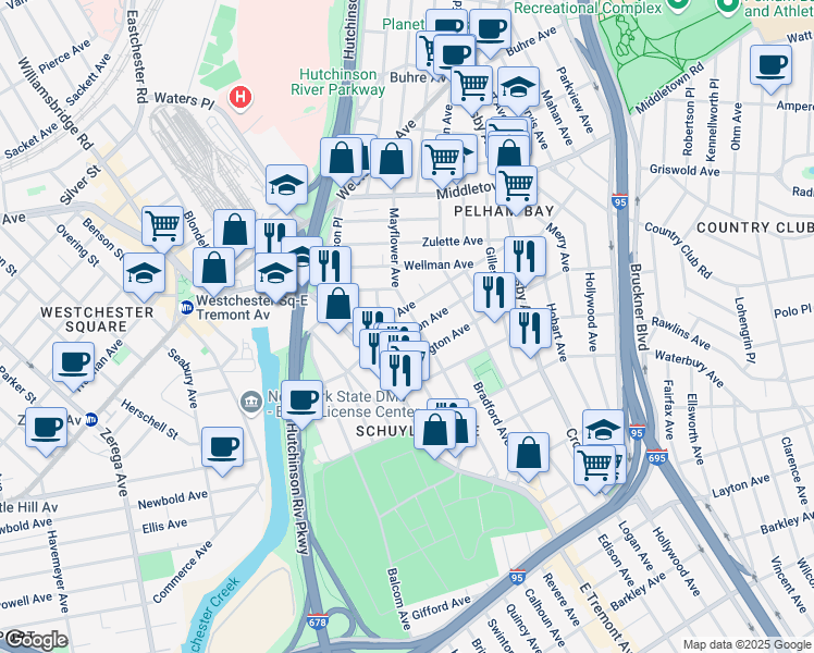 map of restaurants, bars, coffee shops, grocery stores, and more near 2826 Harrington Avenue in Bronx