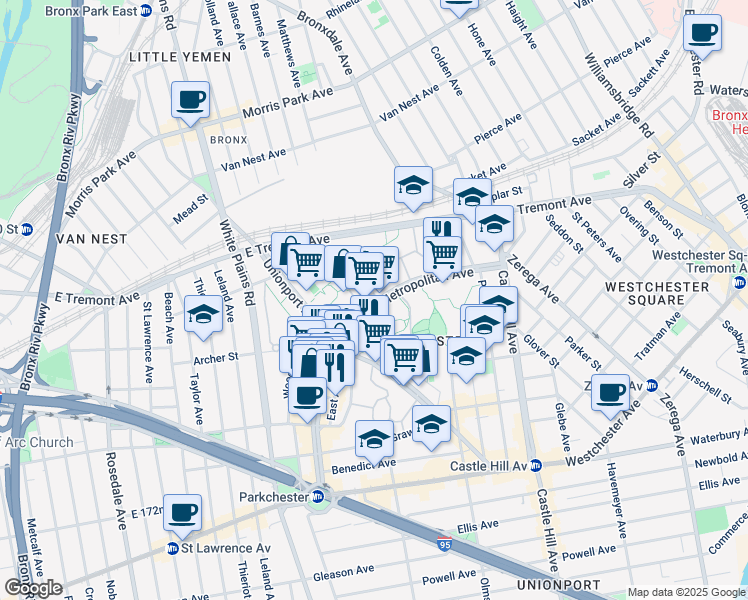 map of restaurants, bars, coffee shops, grocery stores, and more near 1504 Metropolitan Avenue in Bronx