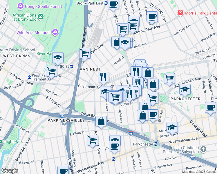 map of restaurants, bars, coffee shops, grocery stores, and more near 1533 Beach Avenue in Bronx
