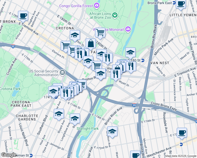 map of restaurants, bars, coffee shops, grocery stores, and more near 1923 West Farms Road in Bronx