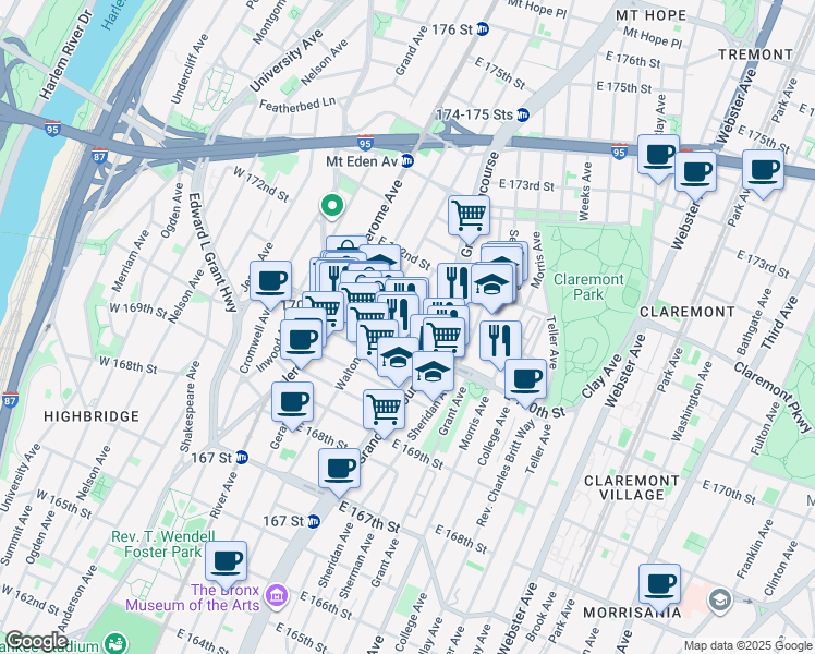 map of restaurants, bars, coffee shops, grocery stores, and more near in The Bronx