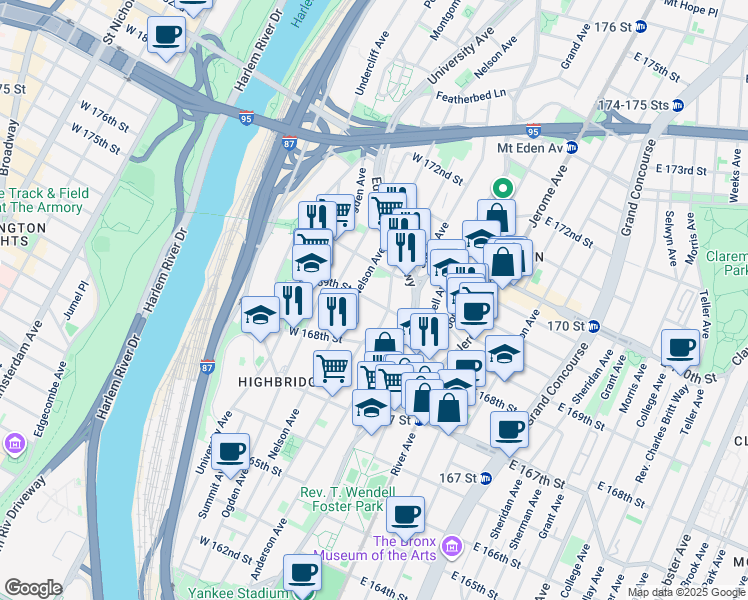 map of restaurants, bars, coffee shops, grocery stores, and more near 1277 Shakespeare Avenue in Bronx