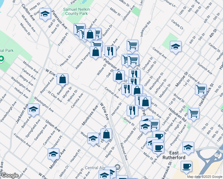 map of restaurants, bars, coffee shops, grocery stores, and more near 436 Central Avenue in East Rutherford