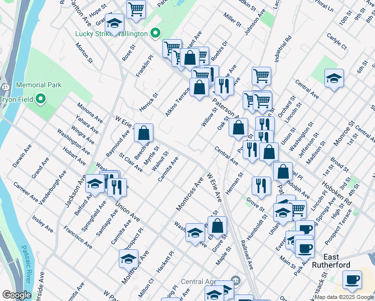 map of restaurants, bars, coffee shops, grocery stores, and more near 4 Courier Place in Rutherford