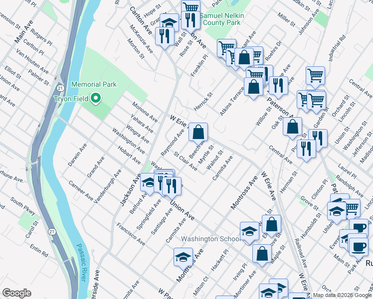map of restaurants, bars, coffee shops, grocery stores, and more near 50 Beech Street in Rutherford