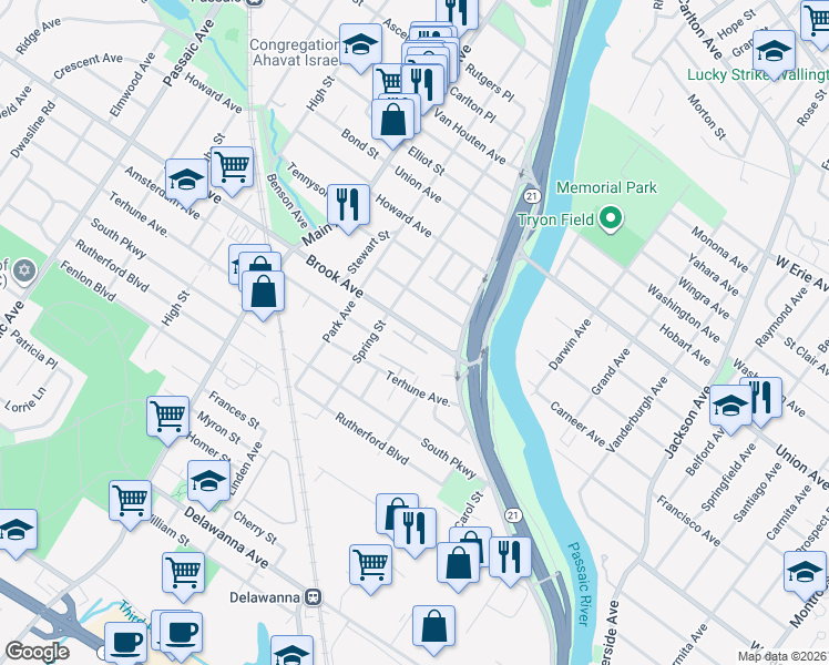 map of restaurants, bars, coffee shops, grocery stores, and more near 41 Brook Avenue in Passaic
