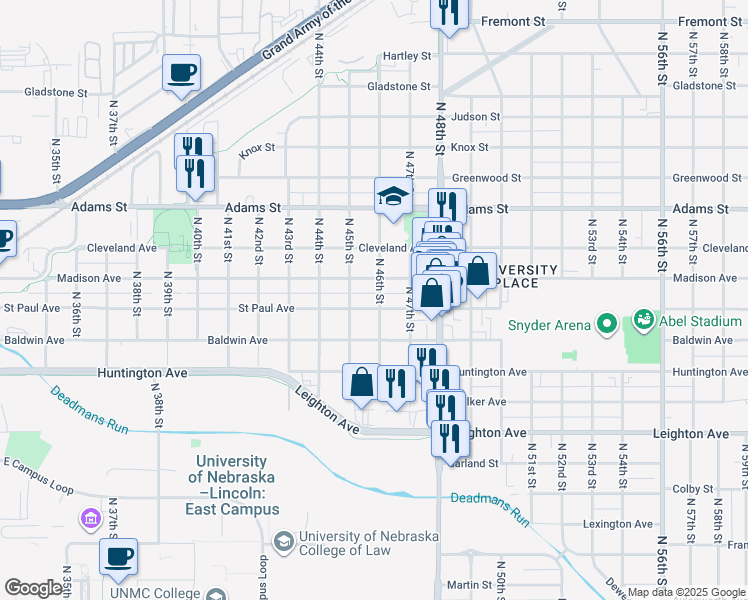 map of restaurants, bars, coffee shops, grocery stores, and more near 4519 Saint Paul Avenue in Lincoln