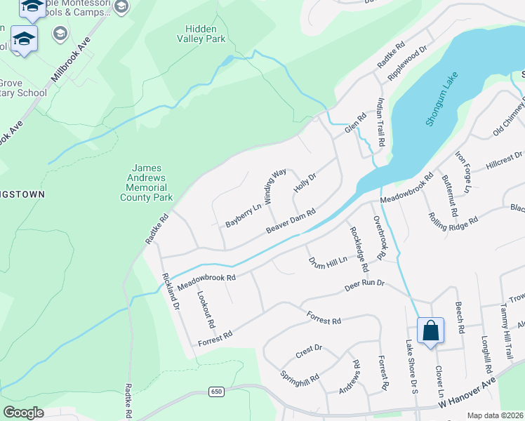 map of restaurants, bars, coffee shops, grocery stores, and more near 23 Winding Way in Randolph
