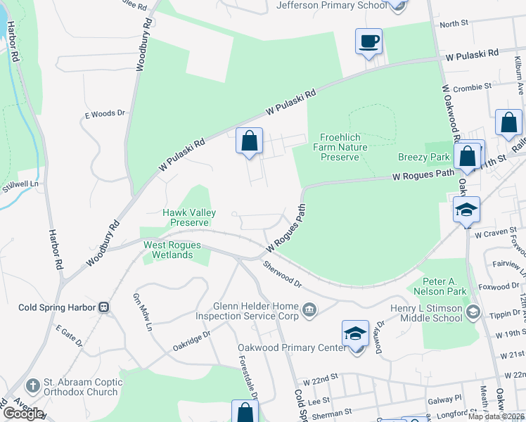 map of restaurants, bars, coffee shops, grocery stores, and more near 7 Harby Drive in Huntington