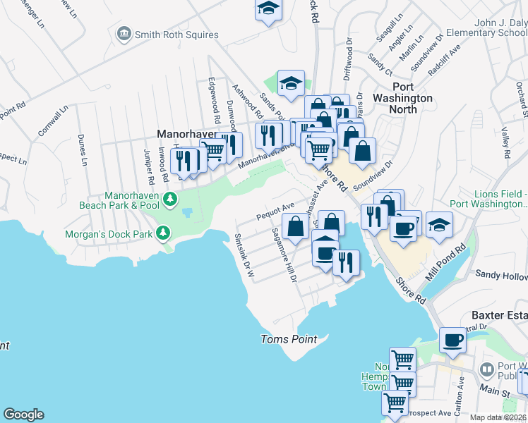 map of restaurants, bars, coffee shops, grocery stores, and more near 65 Sagamore Hill Drive in Port Washington