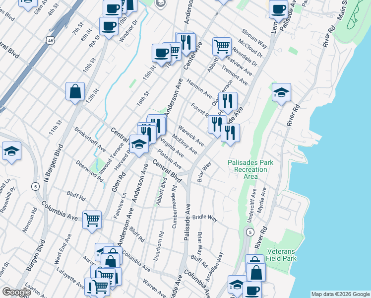 map of restaurants, bars, coffee shops, grocery stores, and more near 212 Virginia Avenue in Fort Lee