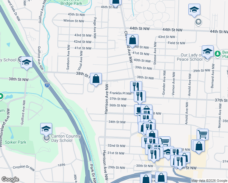 map of restaurants, bars, coffee shops, grocery stores, and more near 2023 37th Street Northwest in Canton