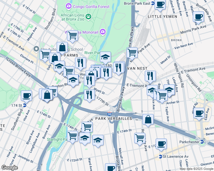 map of restaurants, bars, coffee shops, grocery stores, and more near 1176 East 178th Street in Bronx
