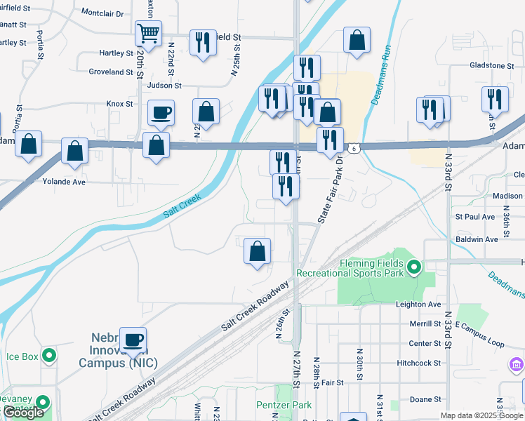 map of restaurants, bars, coffee shops, grocery stores, and more near 2545 Theresa Street in Lincoln