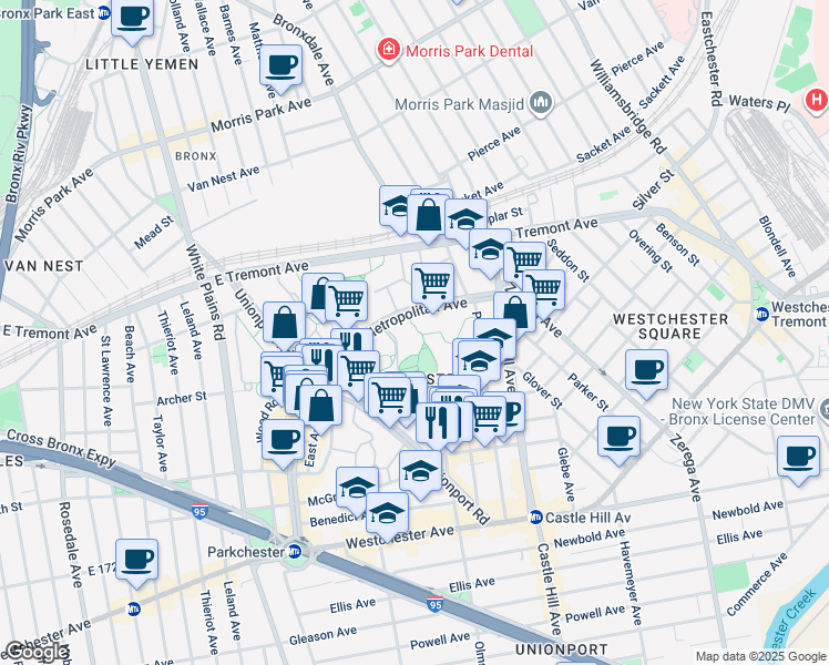 map of restaurants, bars, coffee shops, grocery stores, and more near 1604 Metropolitan Avenue in Bronx
