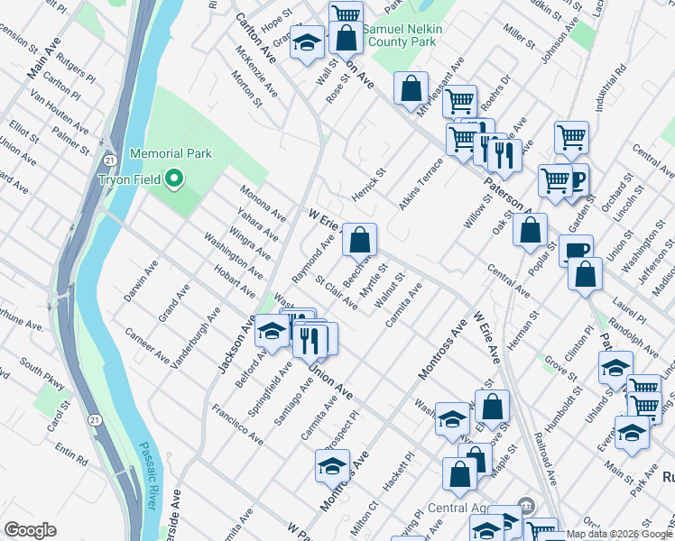 map of restaurants, bars, coffee shops, grocery stores, and more near 50 Beech Street in Rutherford
