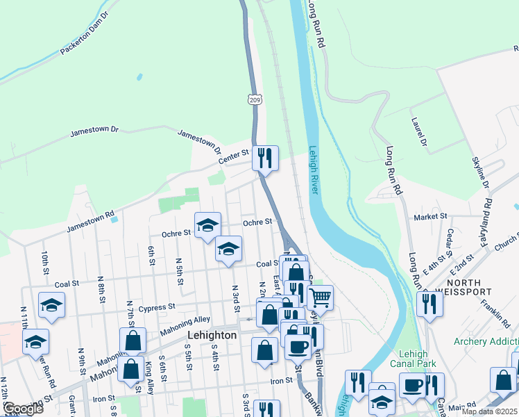 map of restaurants, bars, coffee shops, grocery stores, and more near 427 North 2nd Street in Lehighton