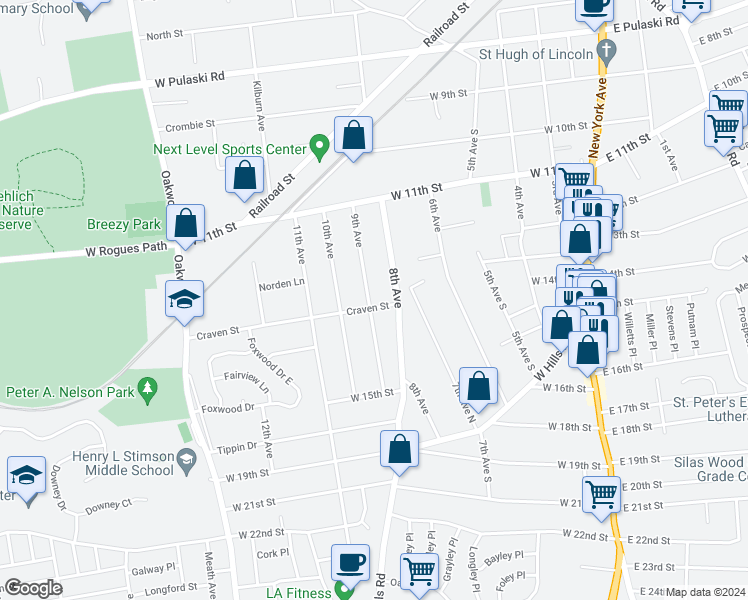 map of restaurants, bars, coffee shops, grocery stores, and more near 46A 9th Avenue in Huntington Station