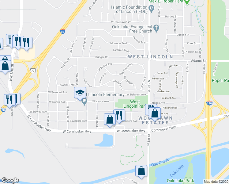 map of restaurants, bars, coffee shops, grocery stores, and more near 2740 Northwest 4th Street in Lincoln
