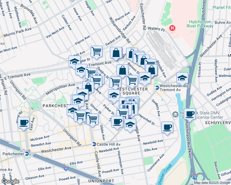 map of restaurants, bars, coffee shops, grocery stores, and more near 1509 Rowland Street in Bronx