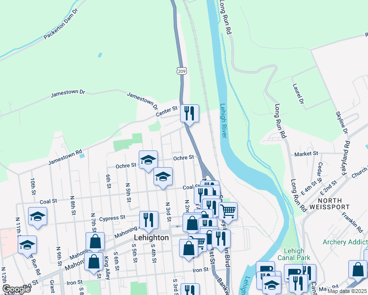 map of restaurants, bars, coffee shops, grocery stores, and more near 427 North 2nd Street in Lehighton