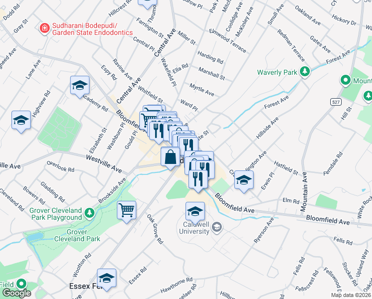 map of restaurants, bars, coffee shops, grocery stores, and more near 9 Forest Avenue in Caldwell