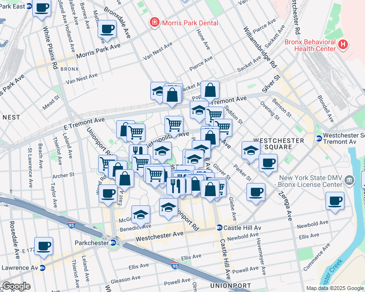 map of restaurants, bars, coffee shops, grocery stores, and more near 1585 Odell Street in Bronx