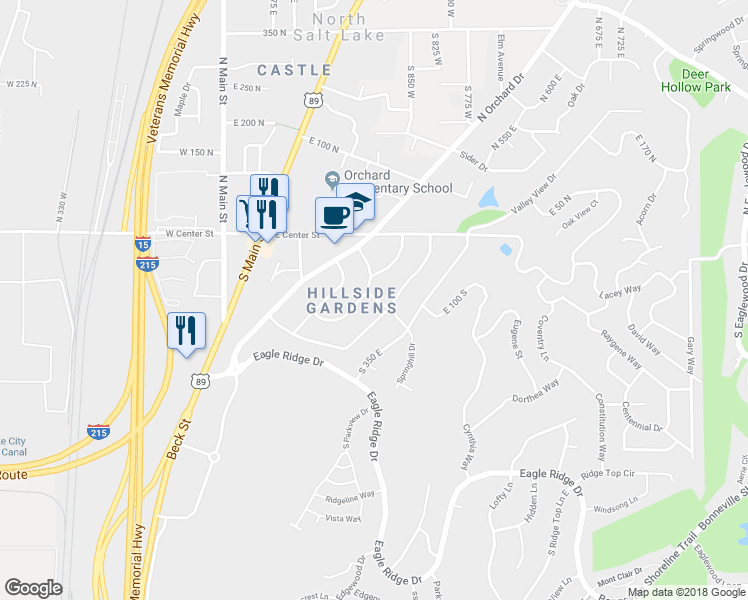 map of restaurants, bars, coffee shops, grocery stores, and more near 274 East Springhill Drive in North Salt Lake
