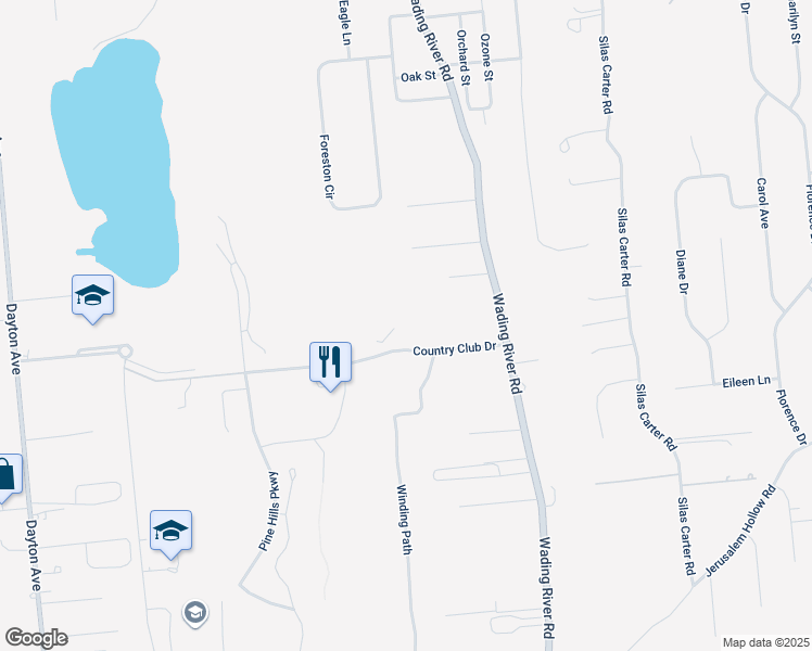 map of restaurants, bars, coffee shops, grocery stores, and more near 1 Country Club Drive in Manorville