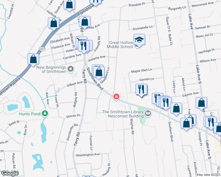 map of restaurants, bars, coffee shops, grocery stores, and more near 103 Smithtown Boulevard in Smithtown