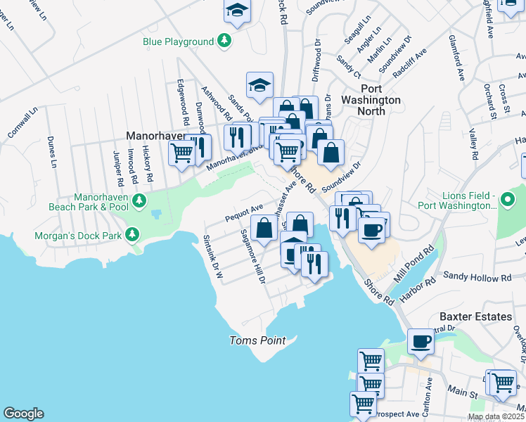 map of restaurants, bars, coffee shops, grocery stores, and more near 10 Mohegan Avenue in Port Washington