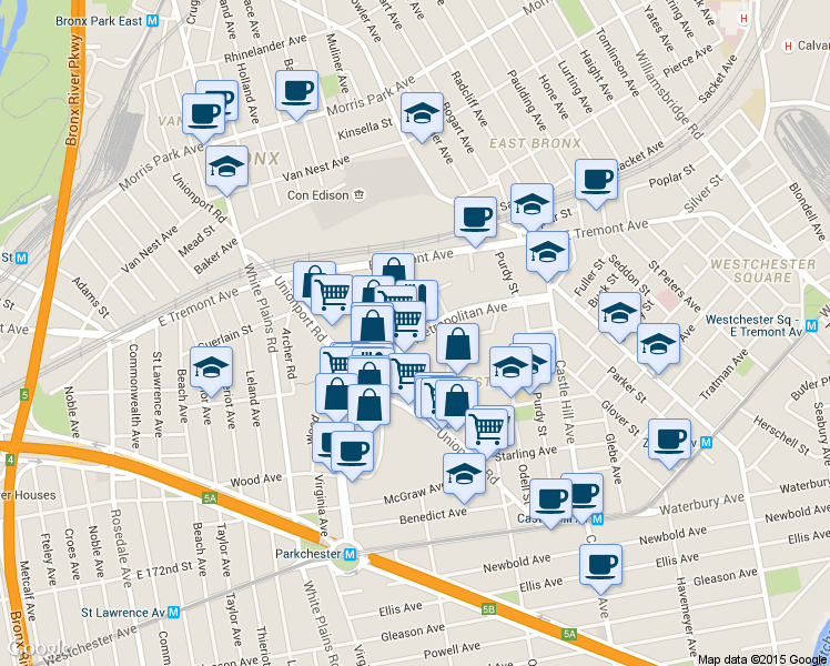 map of restaurants, bars, coffee shops, grocery stores, and more near 1504 Metropolitan Avenue in Bronx