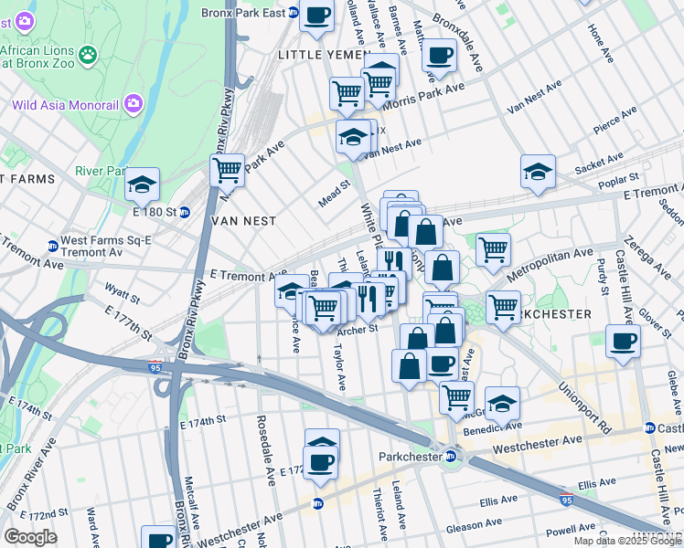 map of restaurants, bars, coffee shops, grocery stores, and more near in The Bronx