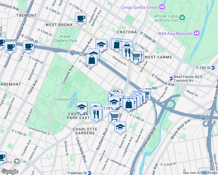 map of restaurants, bars, coffee shops, grocery stores, and more near 3 Crotona Park North in Bronx