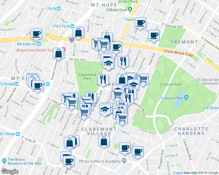 map of restaurants, bars, coffee shops, grocery stores, and more near 1525 Brook Avenue in Bronx
