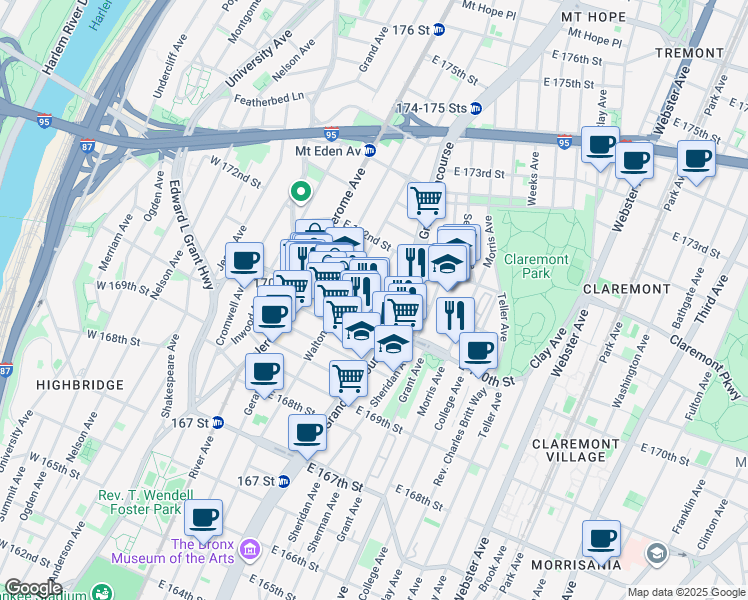 map of restaurants, bars, coffee shops, grocery stores, and more near in The Bronx
