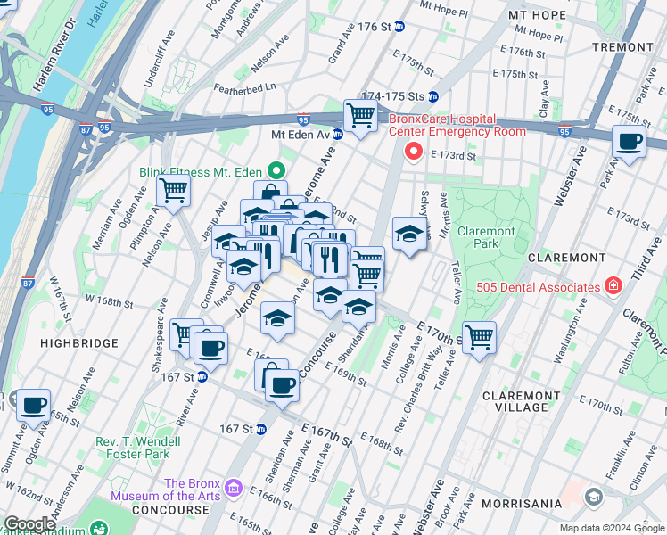 map of restaurants, bars, coffee shops, grocery stores, and more near 118 East 170th Street in The Bronx