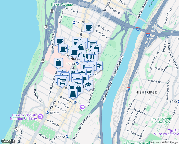 map of restaurants, bars, coffee shops, grocery stores, and more near 2142 Amsterdam Avenue in New York